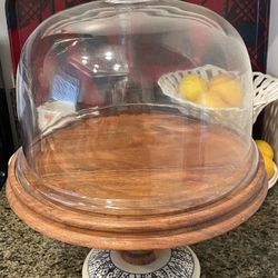 Vintage Glass Dome + Wood + Hand Painted Ceramic 16"T Cake Stand 