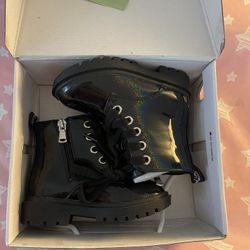 Baby Girl Shiny Black Combat Boots Size 7 Toddler 