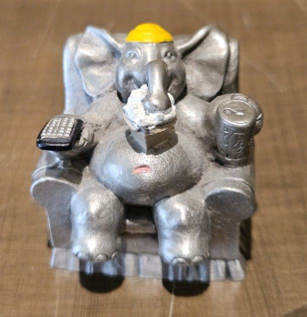 Hudson Pewter Mini Elephant Couch Potato holding Remote Control, Popcorn & Soda.
