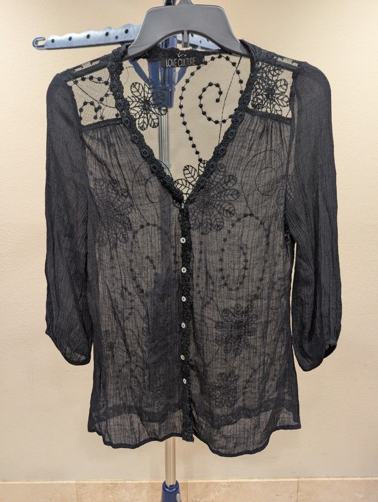 Embroidered Flowers Sheer Button Down Blouse Black Women's Size S