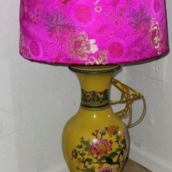 Vintage Tall 32" Asian Table Lamp. Handmade Shade. Yellow Flower Base. EUC.