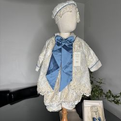 Baby Boy Baptism Outfit with Royal Blue Bow- Christening Set with Candle, Shell and Towel