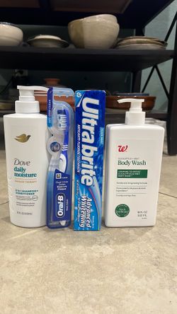 Dove 2 in 1 Shampoo + Conditioner, Body Wash, Ultra Brite Toothpaste, Oral B Toothbrush