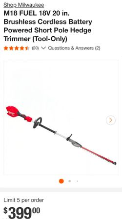 NEW Milwaukee
M18 FUEL 18V 20 in. Brushless Cordless Battery Powered Short Pole Hedge Trimmer (Tool-Only)