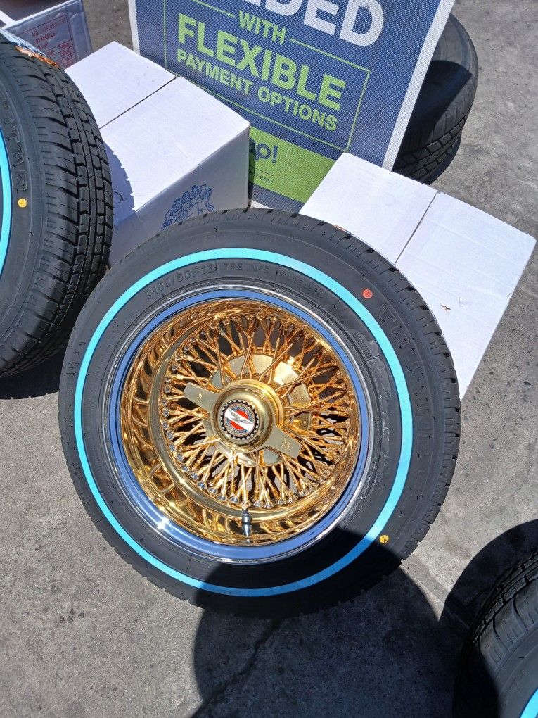 Low Rider Wire Wheels 13x7 Gold Cross Lace And Tires 155 80R13 New $2200 Set Of Four