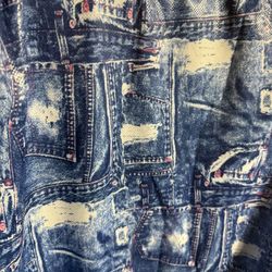 Vintage poly spandex fabric 2 yards denim print hot pink accents brand new