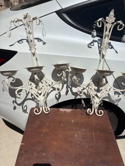 White Metal Candelabra with Crystal Drops