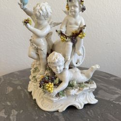 Vintage Porcelain Cherub Figurine – Bacchus Harvest Scene with Grapes & Goblet 