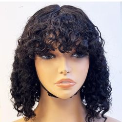 12" 100% Human Hair Bob Wig With Bangs Glueless Water Wave 2X4 Lace Black
