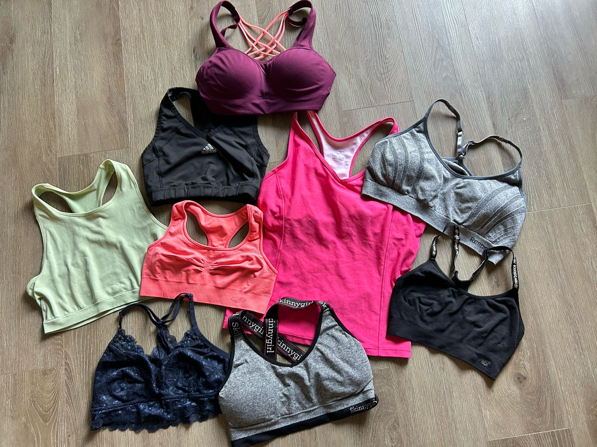 A Bundle Variety Set Of 9 Different Designer Woman’s Size Large Sports Bra Set Nike, Reebok Etc.