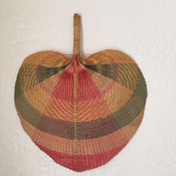 Vintage Pink/green Woven Straw Fan 15”x12”