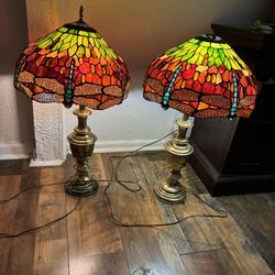 Vintage Tiffany Style Dragonfly Stained Glass Lamps – Matching Pair – Heavy Glass