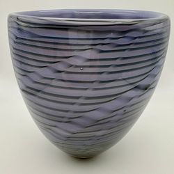 Hand Blown Studio Art Glass Vase – Purple & Smoky Gray Swirl Pattern