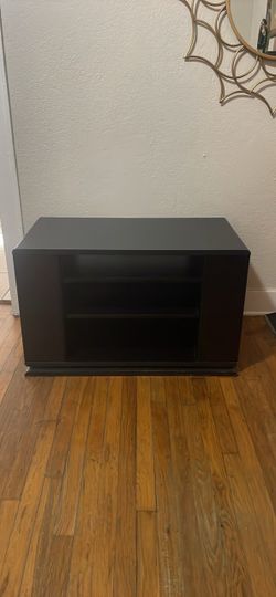 Rotating-top dark wood TV stand / media console with open storage