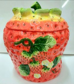 Strawberry Shaped Large Ceramic Cookie Jar!