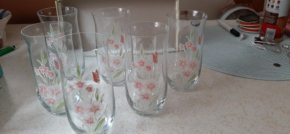 Set of Six hand painted glasses. Flowers & Butterflies