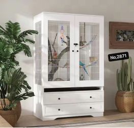 Large Wooden Bird Cage Cabinet with 4-Side Wire Mesh, Pull-Out Tray, Storage Drawers and Anti-Tip Safety White