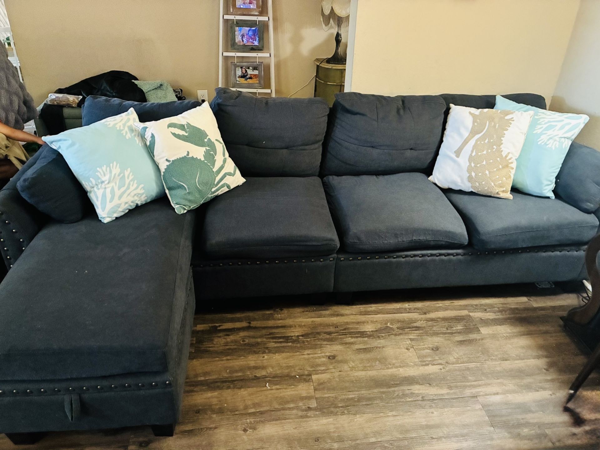 Adjustable Blue Couch With Lounger And Storage