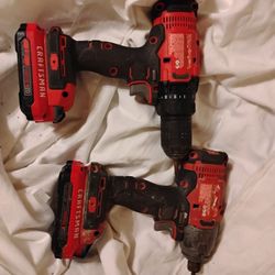 Craftsman Cordless Drill And Impact 2 Batteries And Charger 