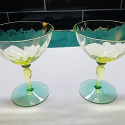 Beautiful Vaseline/uranium Glass Set Of 2. Yellow/green Colors. 