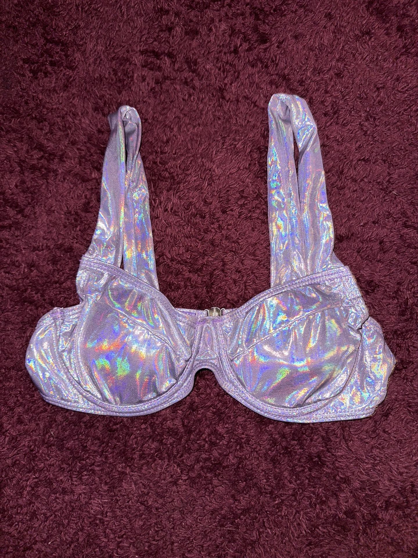 2000s Y2K Rainbow Silver Holographic Sexy Rave Bikini Top