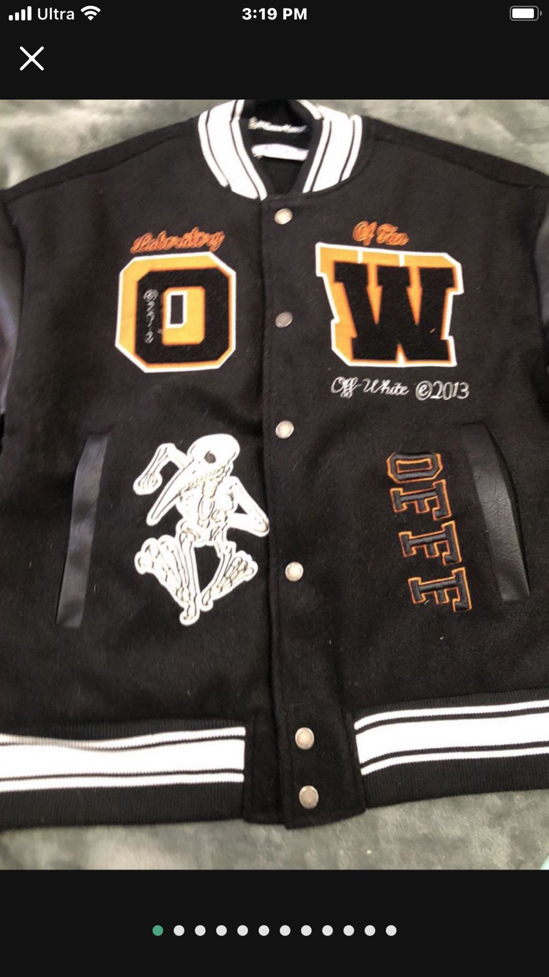 Off white varsity jacket. S, M, L, Xl