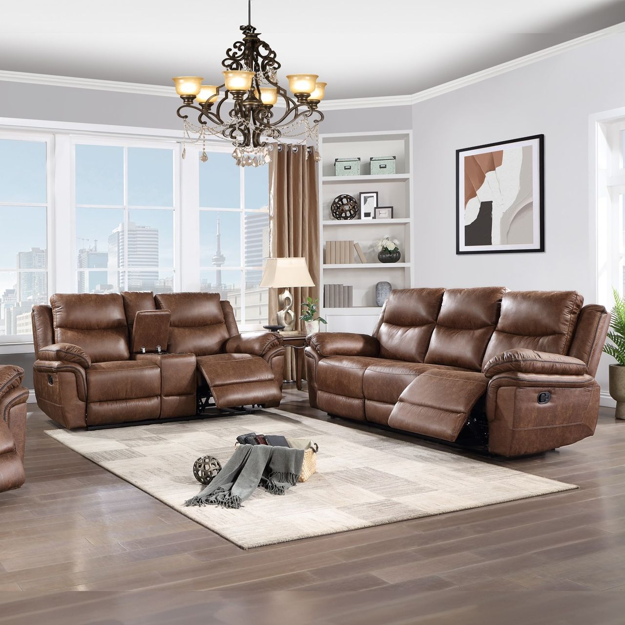 Dual Recliner Motion Sofa And Loveseat In Brown Fabric