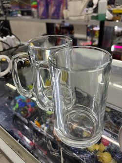 Set of 2 Heavy Clear Glass Beer Steins / Coffee Mugs with Handles