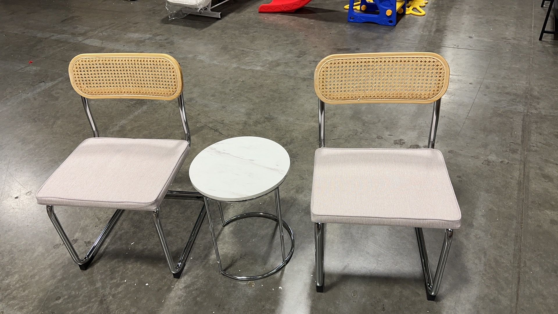 #012910 Kitchen Dining Chairs Set of 2 & 1 Marble Table, Mid-Century Modern Dining Chairs with Natural Rattan Backrest, Cane Bar Stools Set of 3 with 