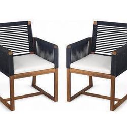 Newly Assembled 2 x Acacia Wood Patio Armchair with Rope Design Back & Arms Outdoor Dining Chair
