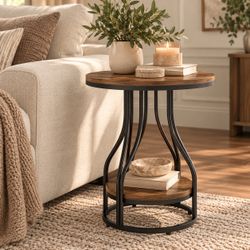 Brand New in Box – Round 2-Tier End / Side Table – Brown & Black