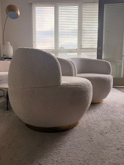 Crate & Barrel Cream Bouclé Curved Sofa + 2 Matching Barrel Rotating Chairs