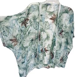 * Luxury Elena Baldi Italy Tropical Leaf Silk Kimono Boho Chic Beach Cover Up