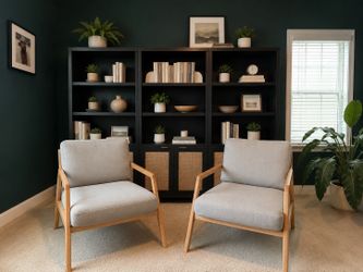 Article Mid-Century Modern Lounge Chairs | Pair | Solid Oak & Gray Upholstery