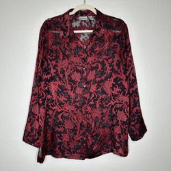 Chico’s Silk Blend Red Burnout Button Front Long Sleeves Tunic Shirt