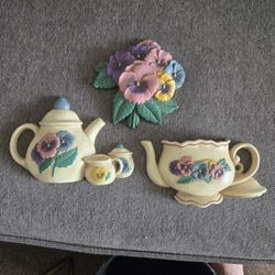 Burwood Products Co. Wall Decor Teapot Coffee Creamer Set with Pansies Vintage