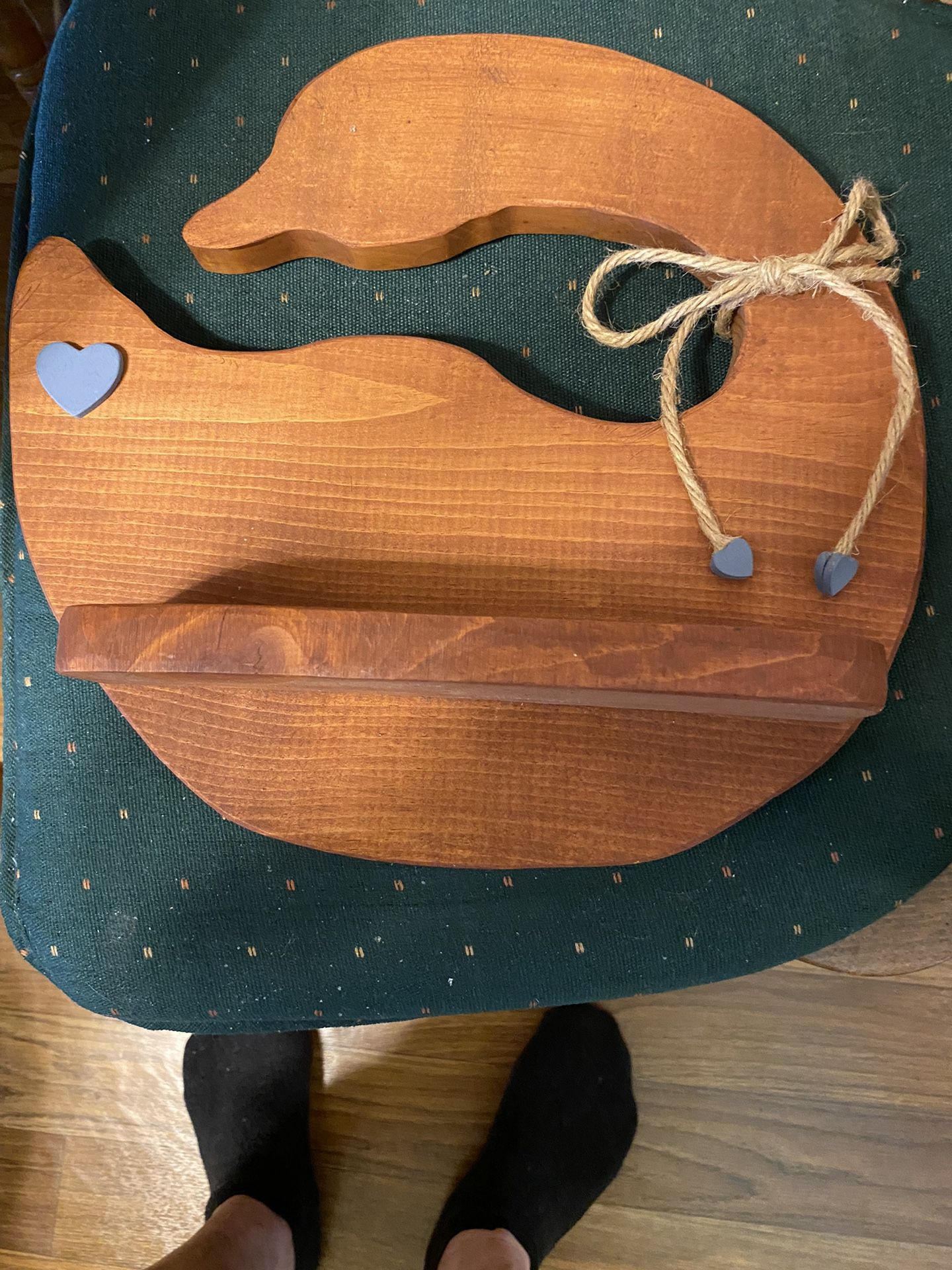 Wood Duck. With Wood Shelf And A jute Bow With Blue Hearts