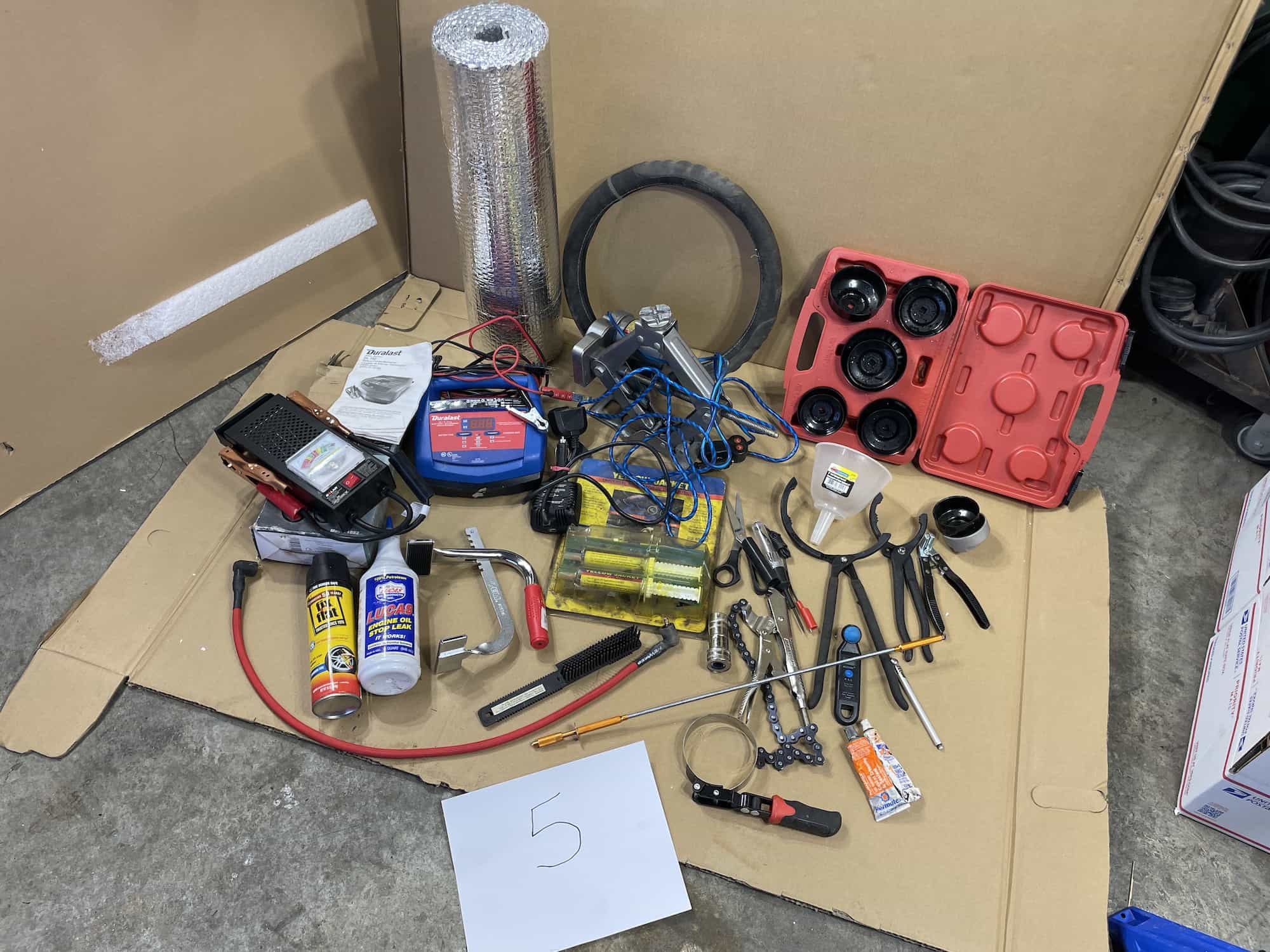 $50 - Tools GRAB BAG #5 : Battery tester, battery charger, powered-jack, chain wrench, fix-a-flat, & More
