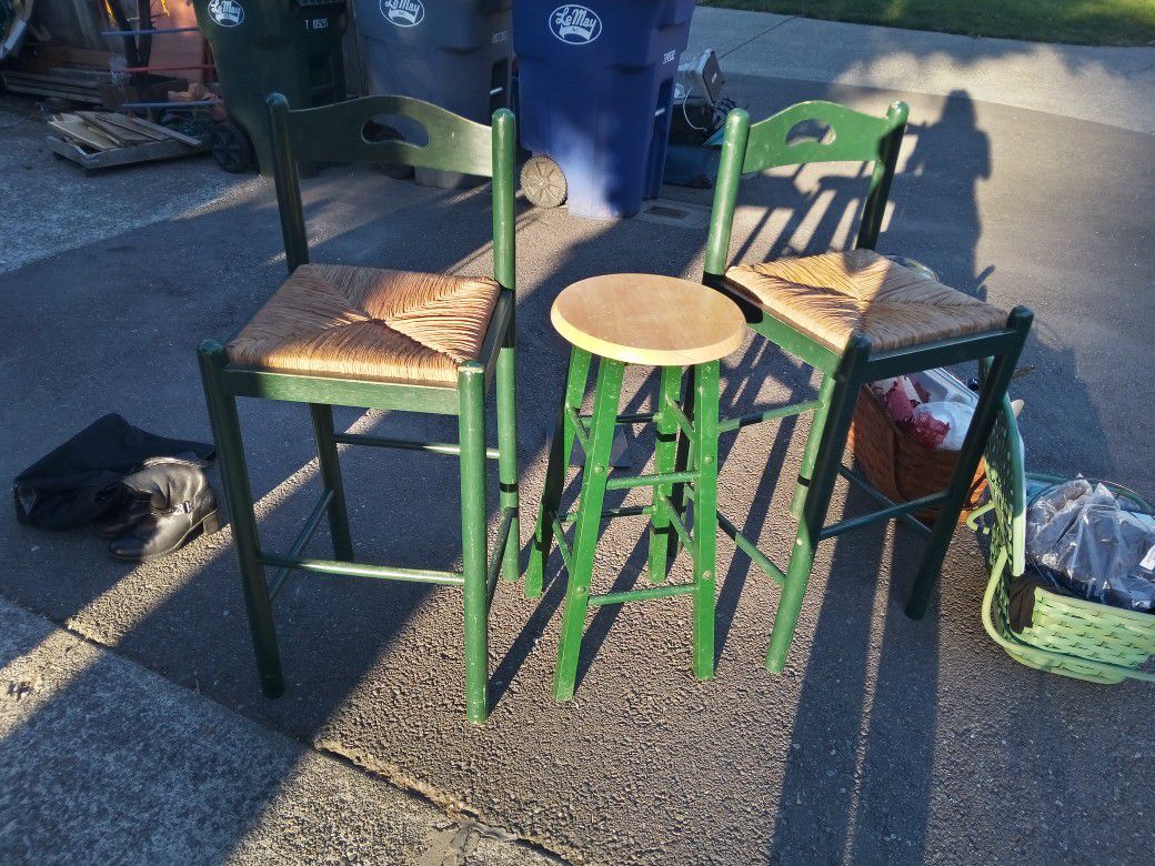 2green WOODEN bar stools and one green METAL bar stool (selling as a set)