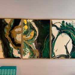 Set of 3 Large Modern Abstract Wall Art – Gold Frame (40” x 28.5” each)