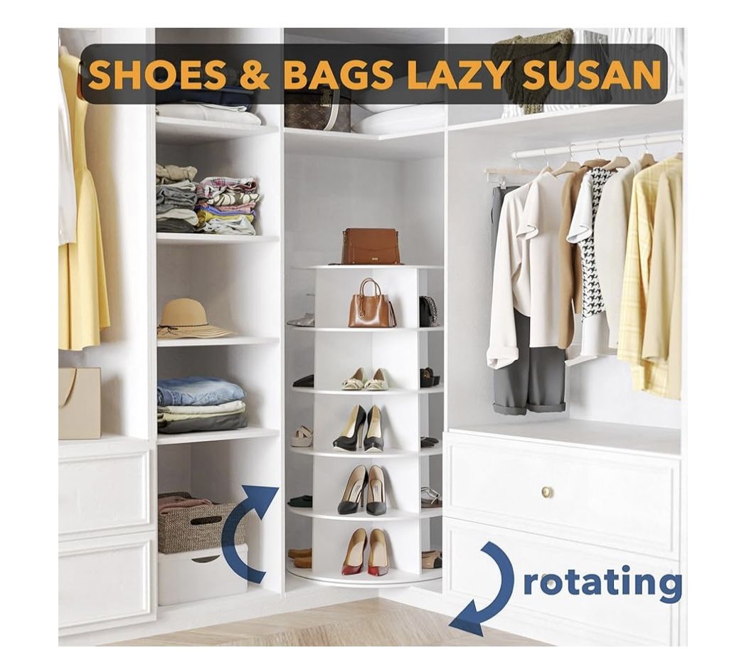 5 Tier Rotating Shoe Rack Tower, Spinning Shoe Display Lazy Susan, Revolving 360 Bookshelf Storage Round Carousel Vertical Handbag Rotate Shoes Close