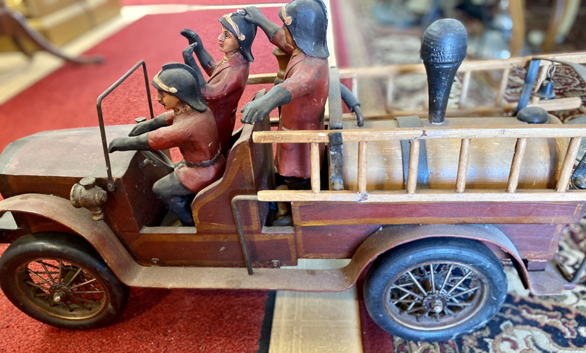 Large 1930s Antique Leonardo Luna Toy Fire Truck Metal Wood Handmade 3 Men.