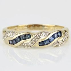 Vintage 14k Yellow Gold Sapphire & Diamond Anniversary Band Bridal Wedding Ring 
