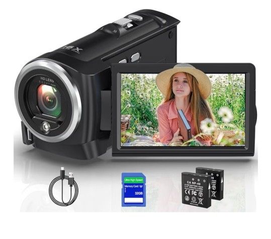 2.7K Video Camera Camcorder QHD 50MP YouTube Vlogging Camera 16X Digital Zoom Webcam 270 Degree Rotation Screen Camcorders with 32G SD Card and 2 Batt