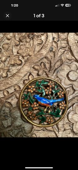 Vintage Enamel Blue Bird Circle Brooch Pin with Flowers & Branches Spring