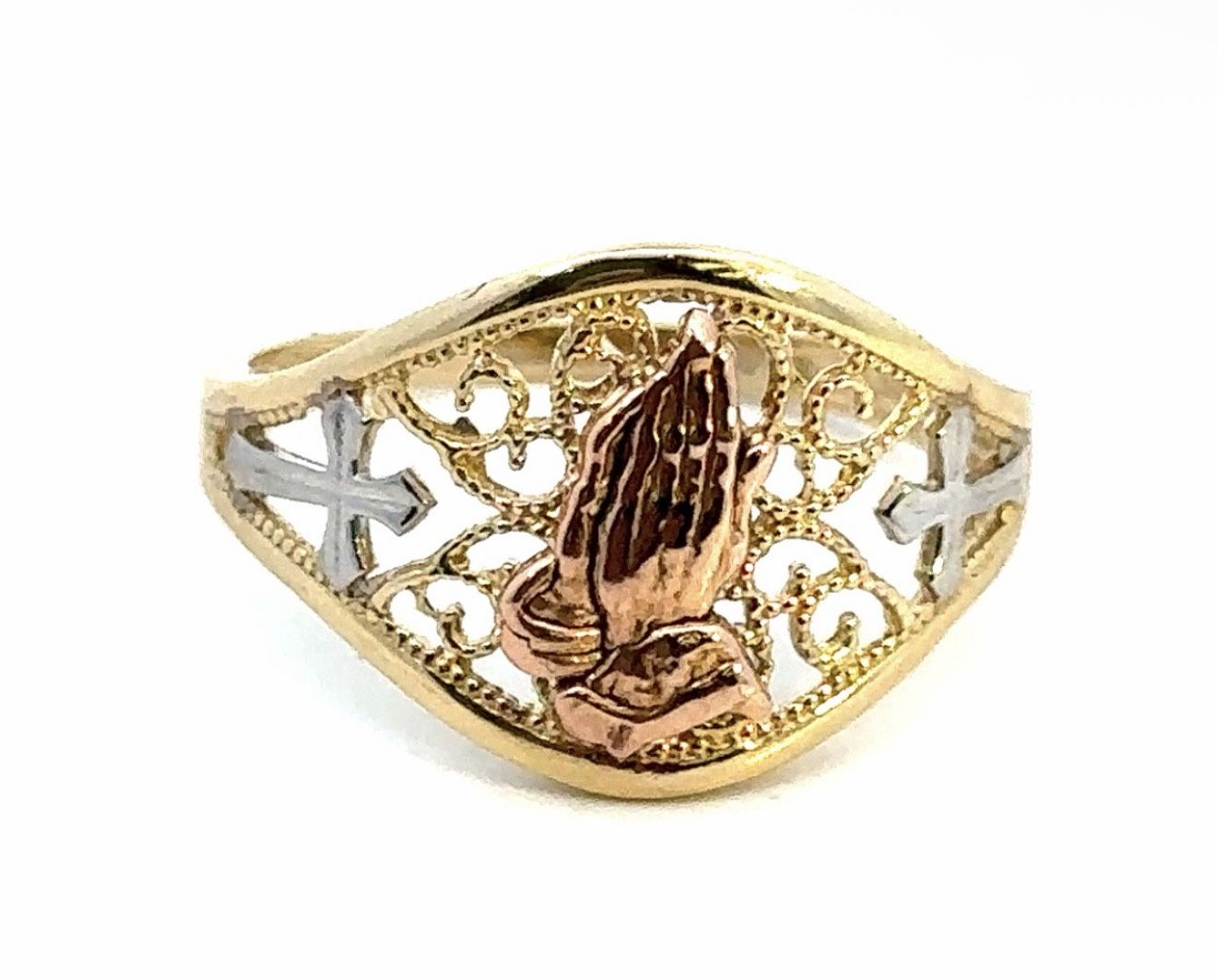 Woman’s Ladies 14k Tri Toned Rose White Yellow Gold Praying Hands Filigree Band Ring Size 8 GP3105497