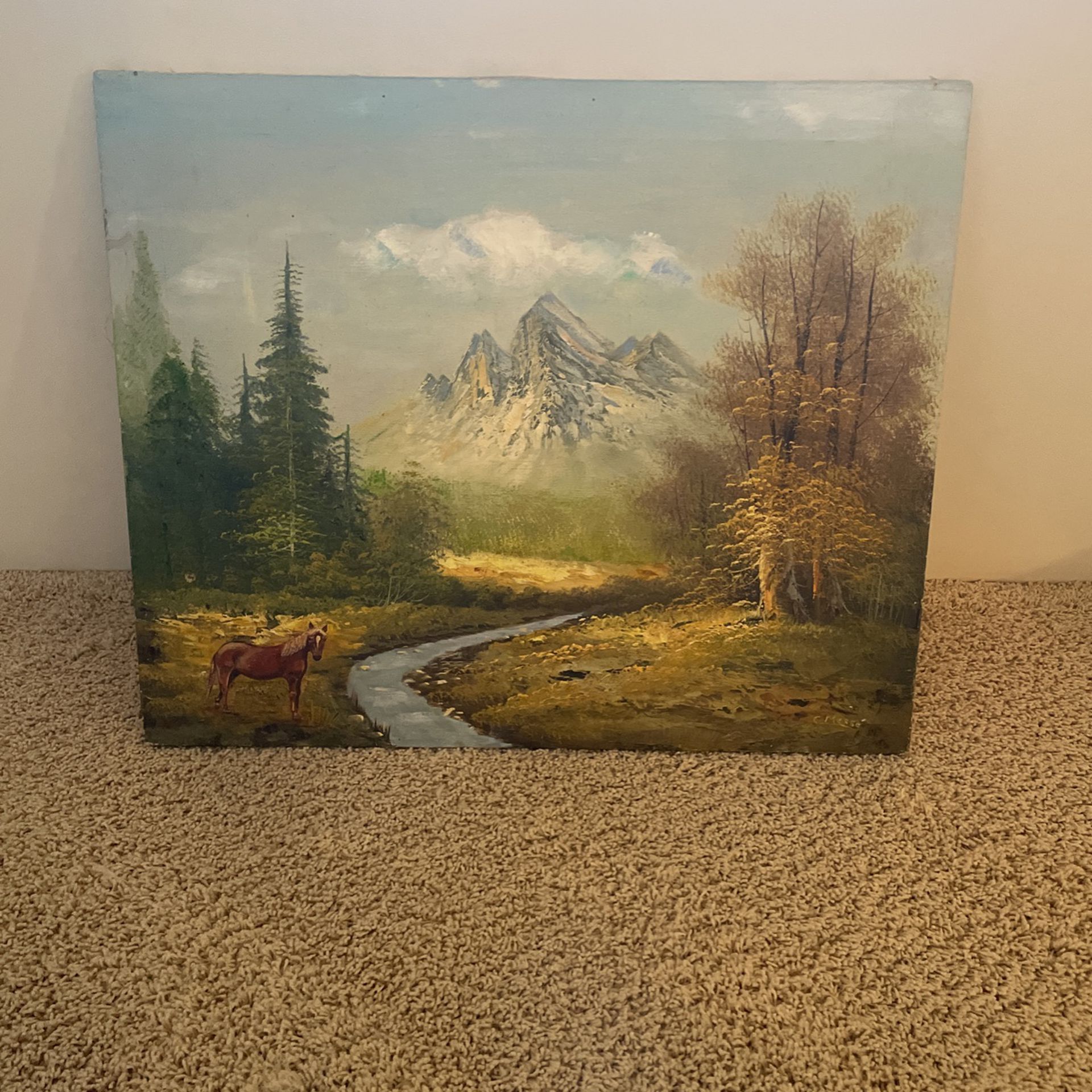 Vintage Mountain & Horse Oil Painting Signed!