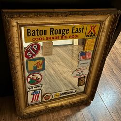 Vintage Mirror w Various Bumper Stickers n Decals