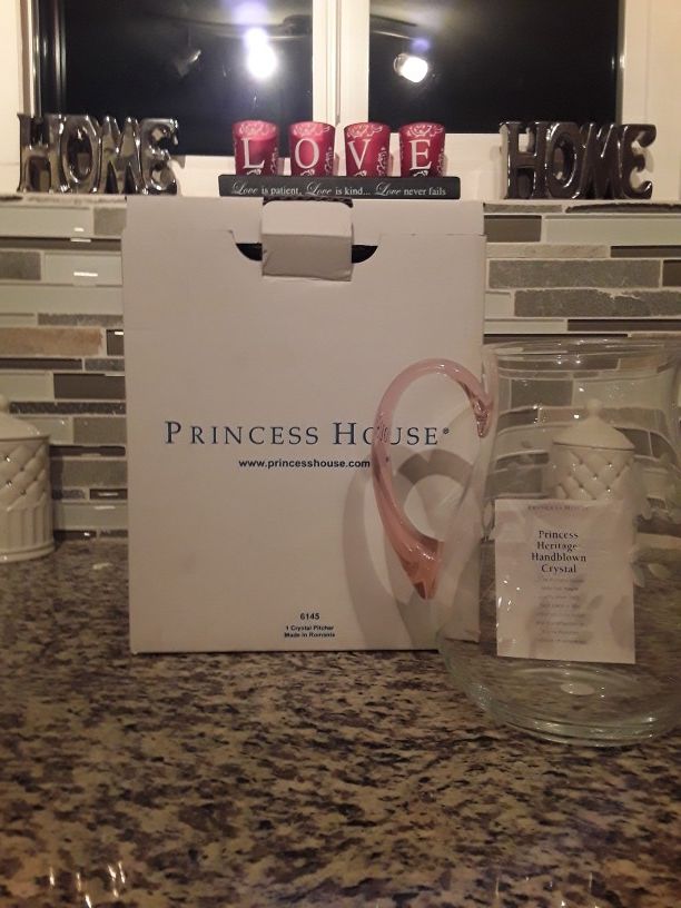 Pink Handle Princess House Handblown Crystal Pitcher #6145. Limgoited Edition.