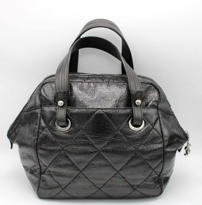 Chanel Paris Biarritz Black Coated Canvas Satchel Bag Handbag